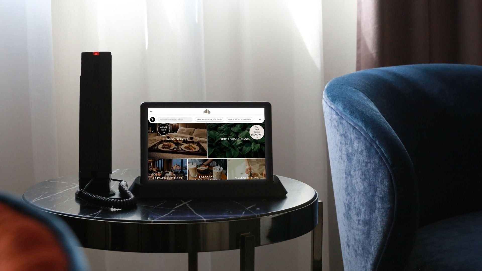 SuitePad Phone Dock on a hotel nightstand