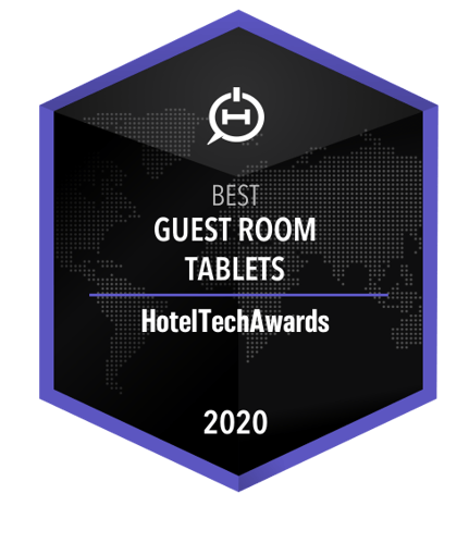 2020 Winner Badge for Best Guest Room Tablet at the HotelTechAwards