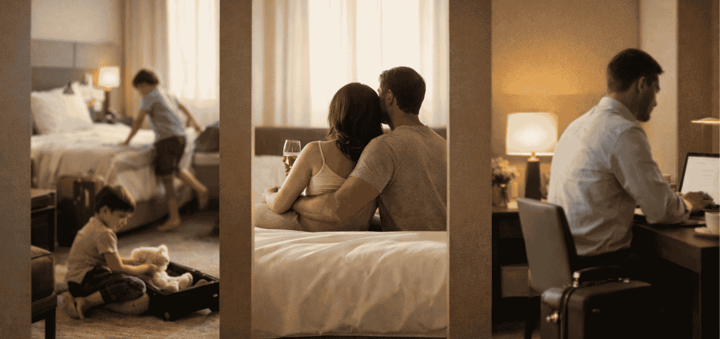 Modern hotel room shown as three clearly separated spaces divided by walls: on the left, a family with children settling in; in the center, a couple relaxing together on the bed; on the right, a business traveler working at a desk. 