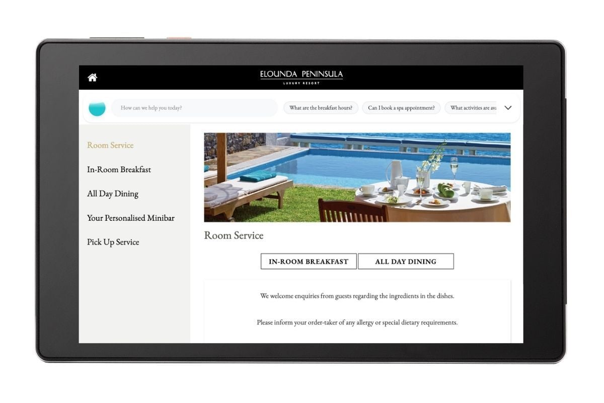 Elounda Peninsula room service on SuitePad tablet