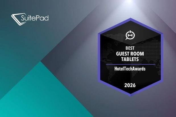 HotelTechAwards 2026 badge showing “Best Guest Room Tablets”