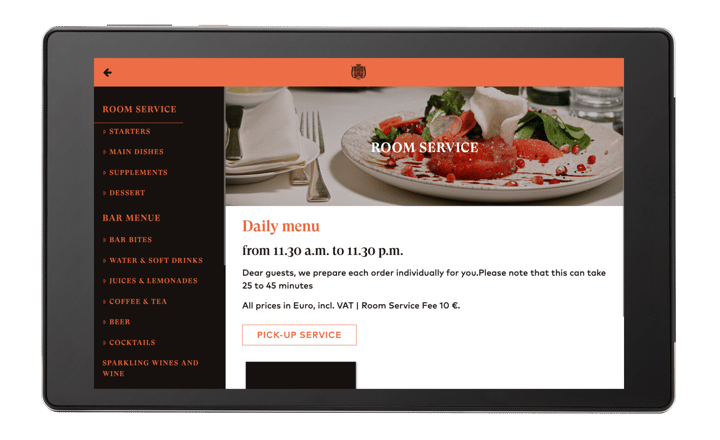 SuitePad Room Service screen at Steigenberger Icon Frankfurter Hof