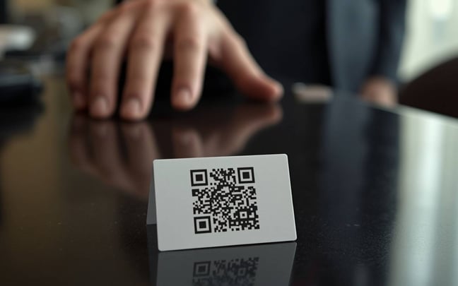 Fotorealistische Nahaufnahme einer kleinen Karte mit aufgedrucktem QR-Code auf einem Hoteltresen; im Hintergrund ist leicht unscharf die Hand eines Gastes zu sehen, die daran vorbeigreift, um nach ihrem Handy oder ihren Schlüsseln zu greifen