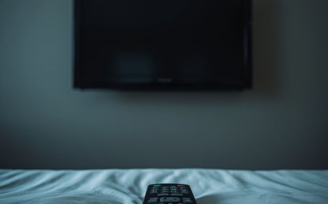 Fotorealistische Darstellung eines an der Wand montierten Fernsehers in einem Hotelzimmer mit einem klobigen Bildschirmmenü; im Vordergrund liegt eine Fernbedienung auf dem Bett