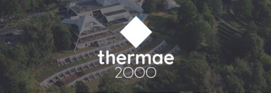 A drone image of the hotel property with the Thermae 2000 logo in the middle