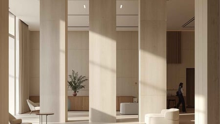 Three pillar in a hotel lobby symbolizing integration, guest adaption and goal setting with hospitality AI strategy