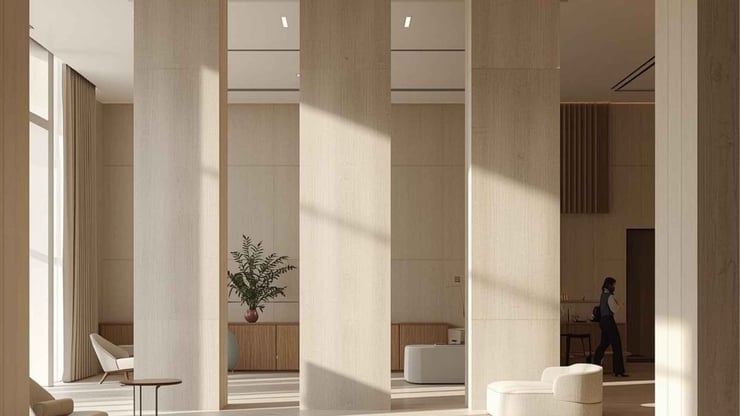 Three pillar in a hotel lobby symbolizing integration, guest adaption and goal setting with hospitality AI strategy