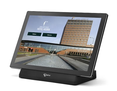 SuitePad tablet with the Van der Valk Hotel Hoorn installation welcome screen
