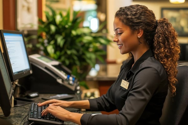 a female hotel staff working on the computer smiling symbolizing hotle staff using technology and AI to ease their workload