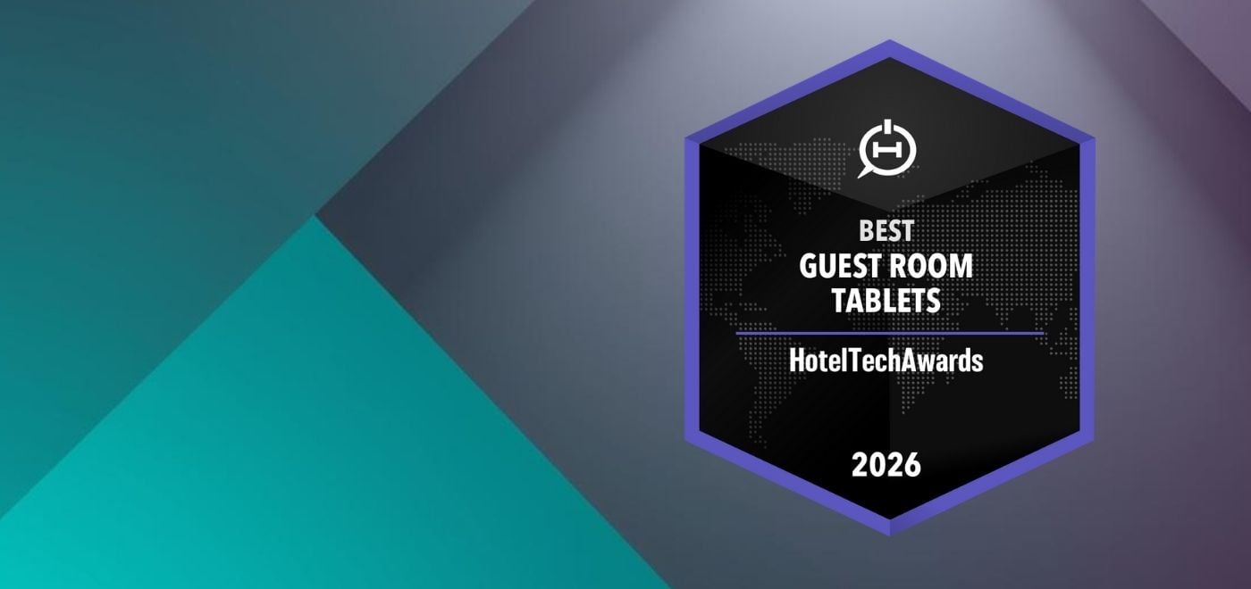 HotelTechAwards 2026 badge showing “Best Guest Room Tablets”