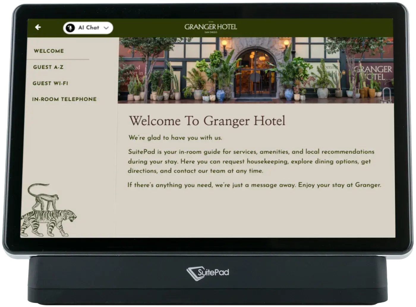 SuitePad tablet showing the Granger Hotel's own welcome screen