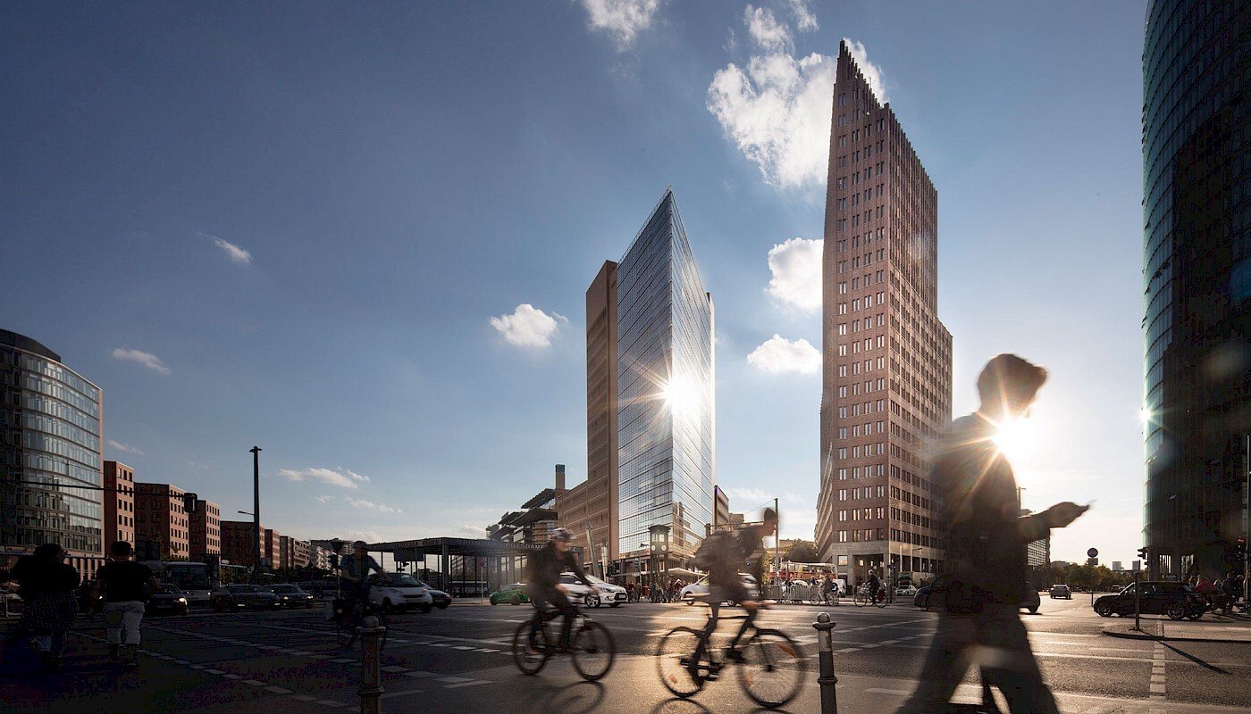 Street-level view of Potsdamer Platz in Berlin with modern architecture near The Mandala Hotel