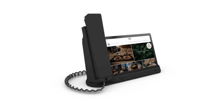 Front view of the SuitePad Phone Dock showing the SuitePad in-room tablet and corded handset held together in one base