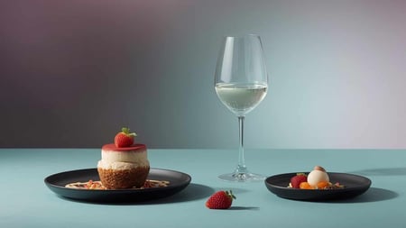 a selection of room service items on a blue table aganist a lilac background