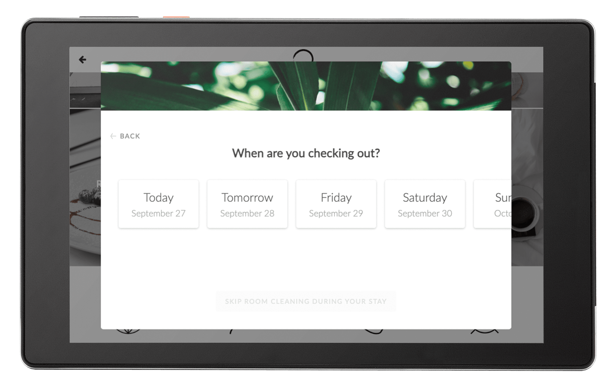 Green Option prompt on the SuitePad in-room device, where the guest picks the days to skip cleaning
