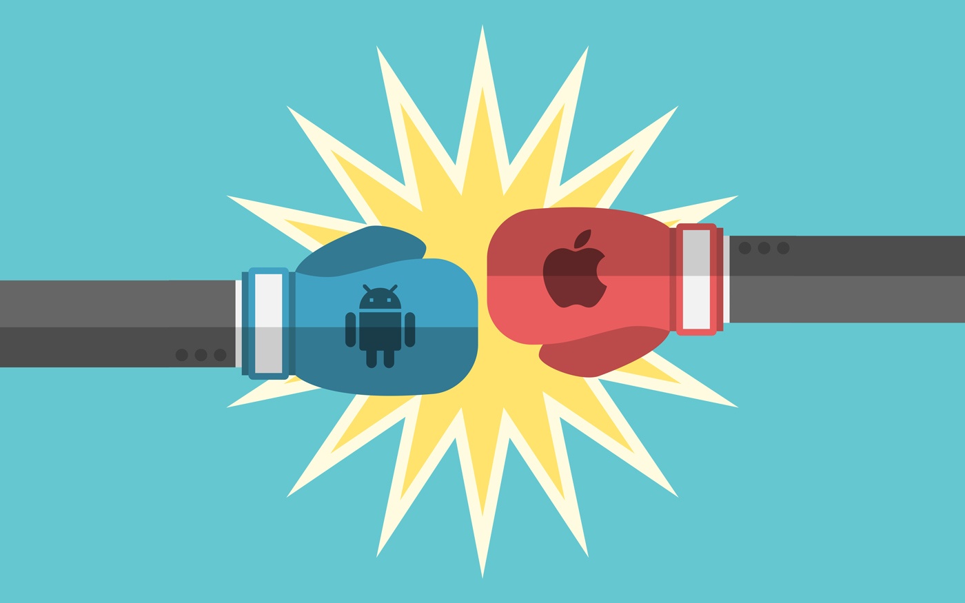 Red and blue boxing gloves with Android and Apple logos on them