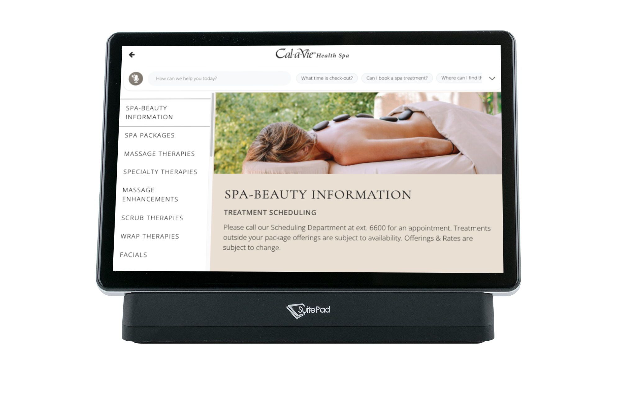 Spa and beauty treatment scheduling on the Cal-a-Vie SuitePad in-room tablet