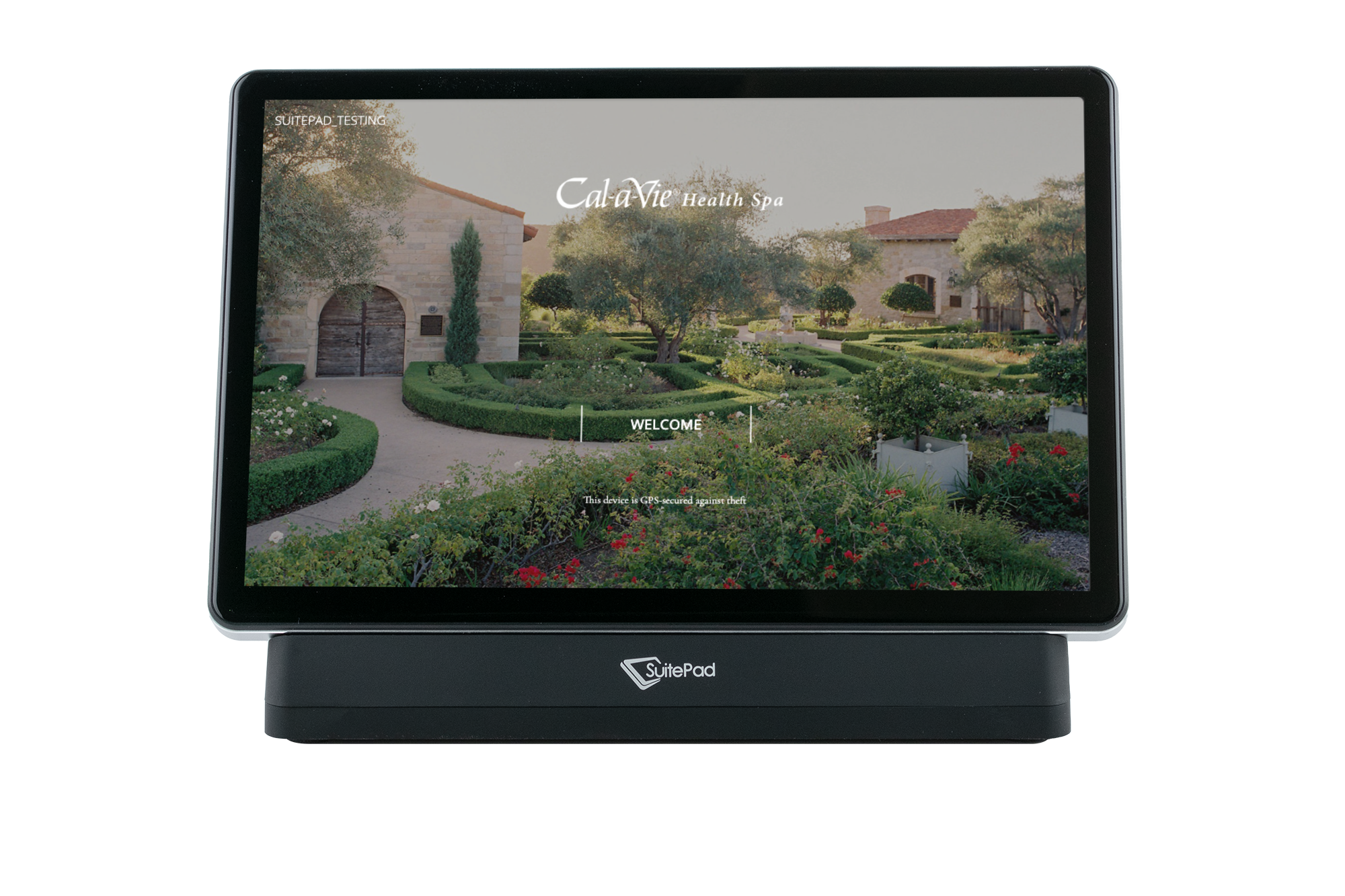 Cal-a-Vie Health Spa branded welcome splash screen on the SuitePad in-room tablet
