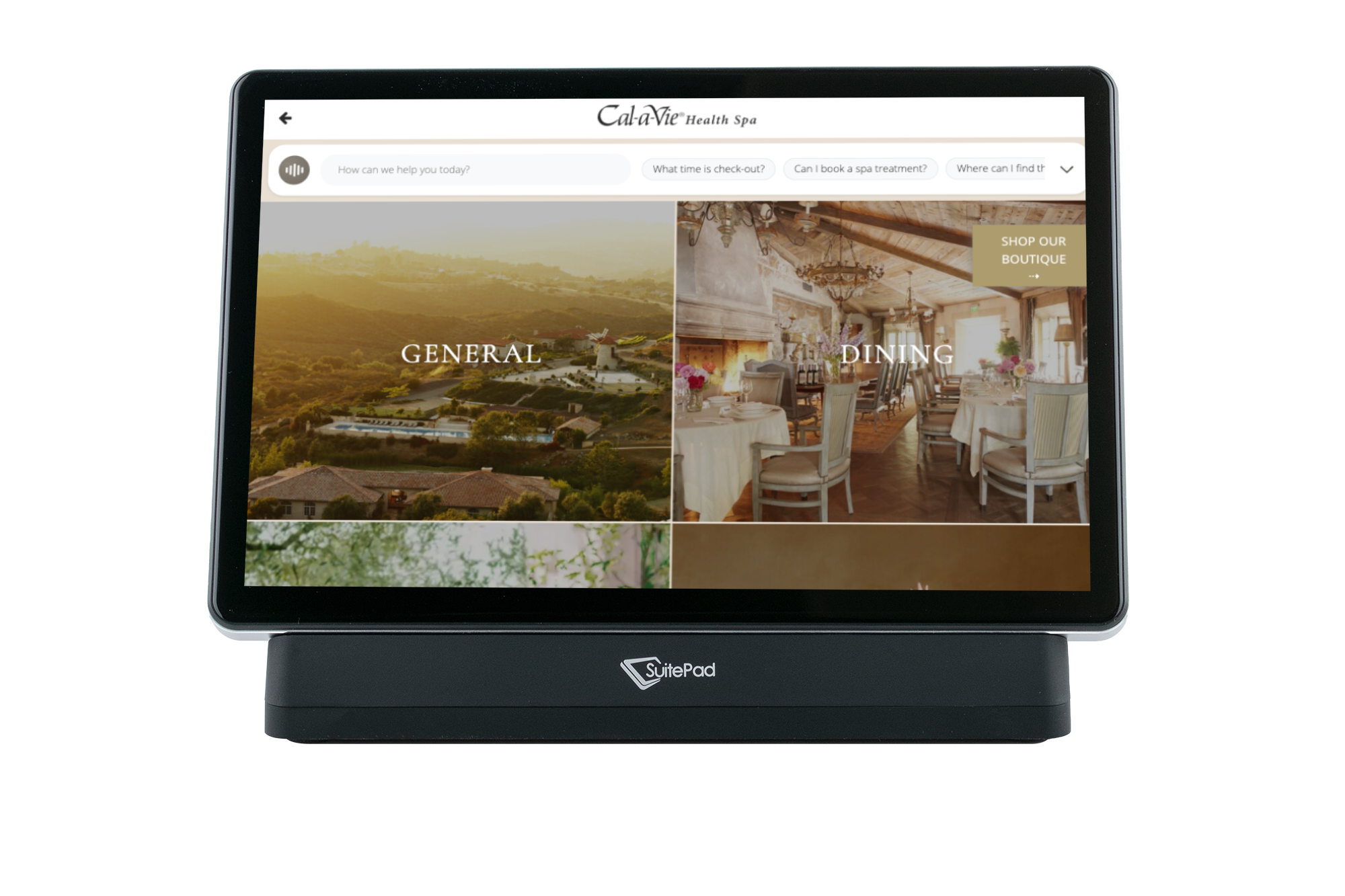 Cal-a-Vie daily wellness program tiles for fitness, spa, and dining on the SuitePad in-room tablet home screen