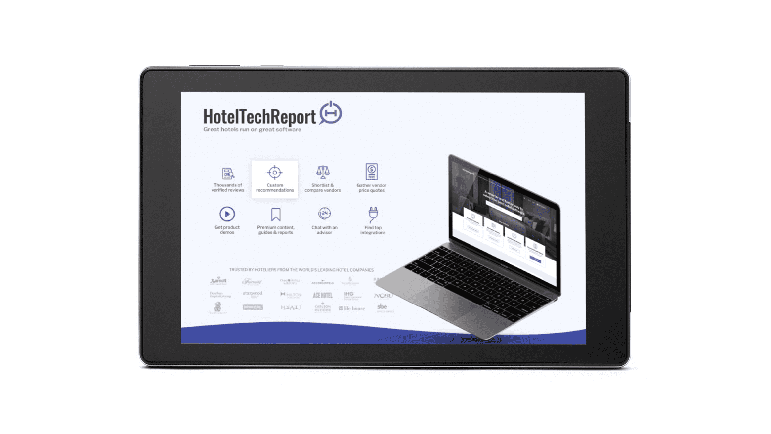 A SuitePad with the HotelTechReport website on it.