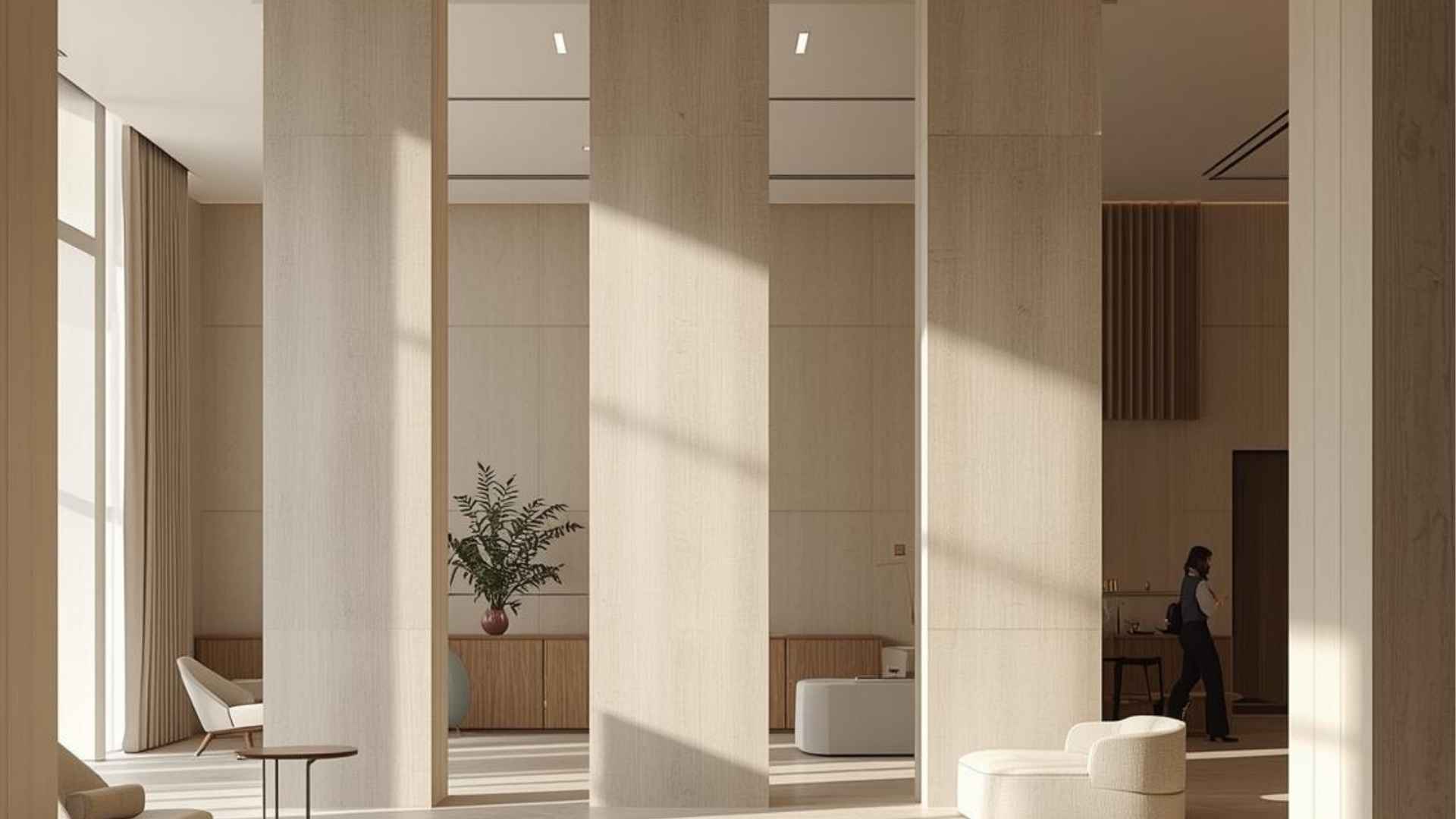 Three pillar in a hotel lobby symbolizing integration, guest adaption and goal setting with hospitality AI strategy