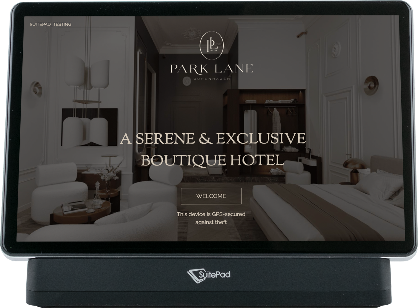 Park Lane Copenhagen branded welcome splash screen on the SuitePad in-room tablet