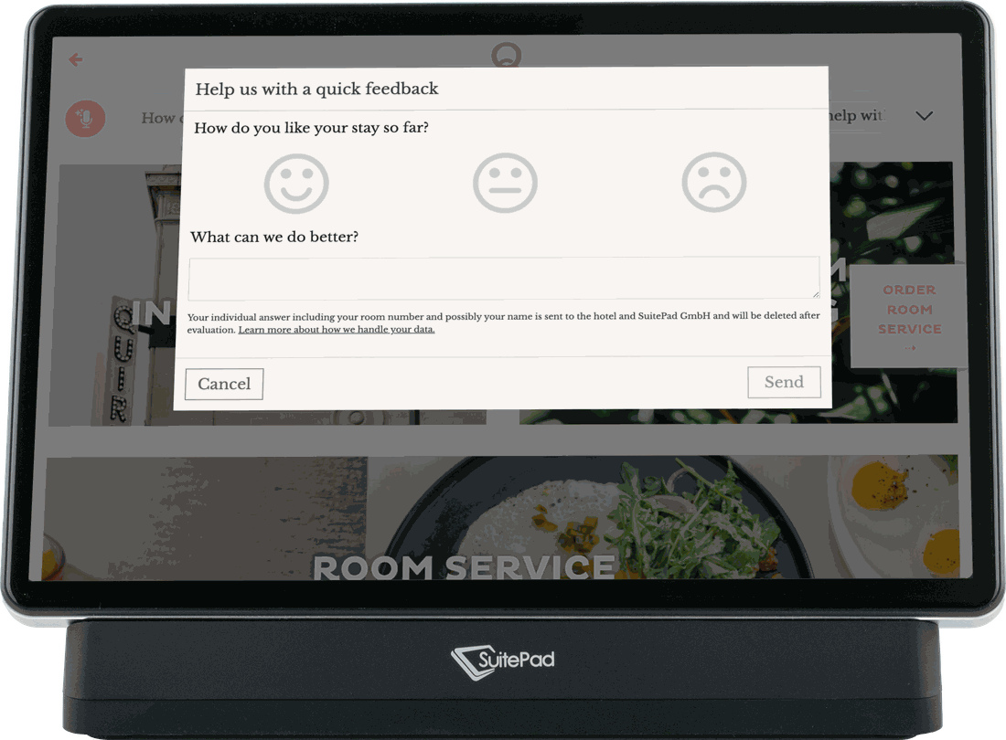 Quick feedback prompt on the SuitePad in-room tablet at Quirk Hotel Richmond, asking guests how their stay is going