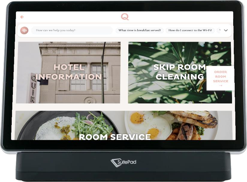 Quirk Hotel Richmond home screen on the SuitePad in-room tablet showing room service, hotel information, and the option to skip room cleaning