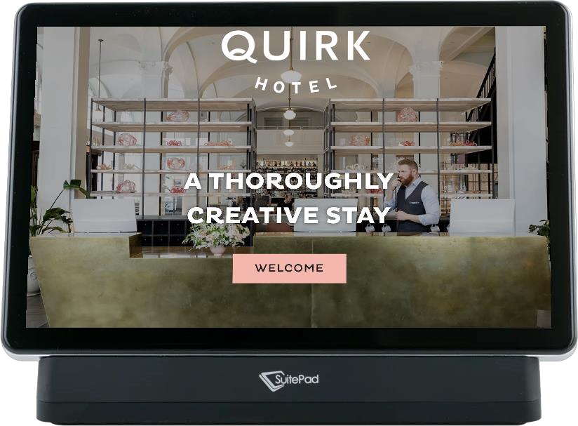 Quirk Hotel Richmond branded welcome screen on the SuitePad in-room tablet