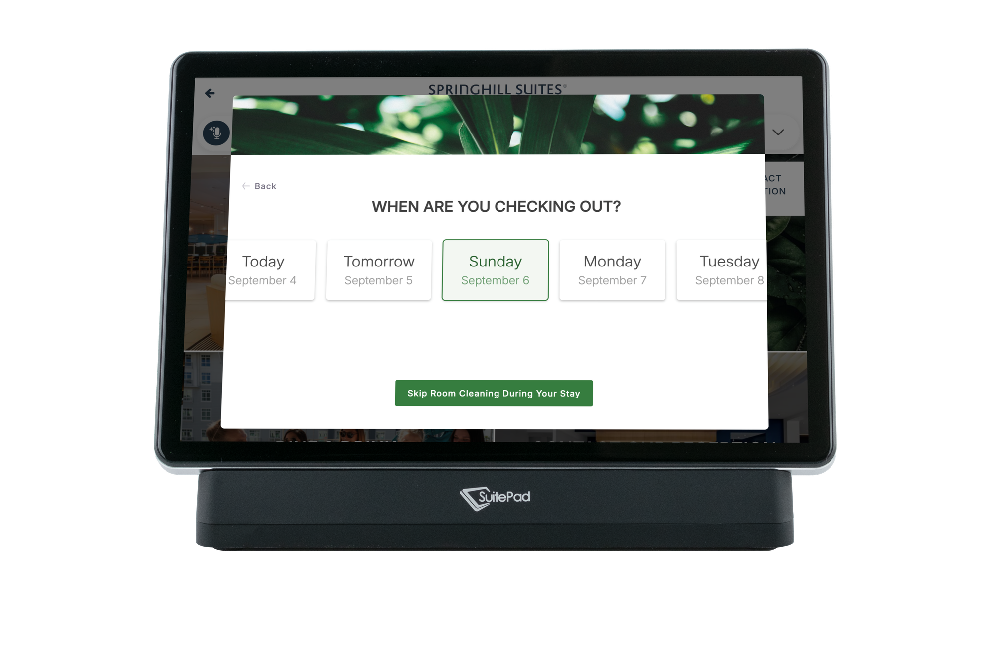 Green Option screen on the SuitePad in-room tablet at SpringHill Suites Oceanside Beach, where guests choose to skip room cleaning