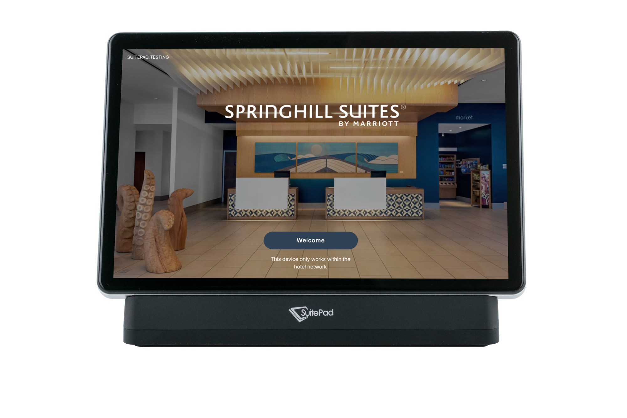 SpringHill Suites Oceanside Beach branded welcome screen on the SuitePad in-room tablet