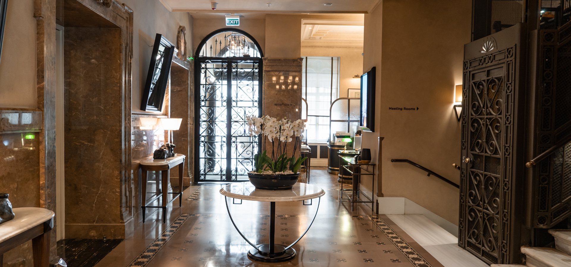 Lobby of The Bank Hotel Istanbul with original marble, wrought-iron doors and the historic lift, a Marriott Design Hotels member in Karaköy