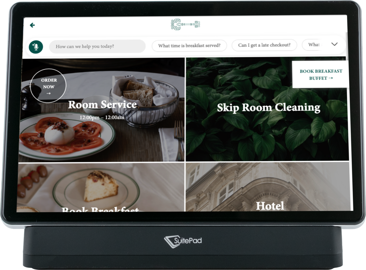 Home screen of the SuitePad in-room tablet at The Bank Hotel Istanbul with the Skip Room Cleaning tile for the Green Option
