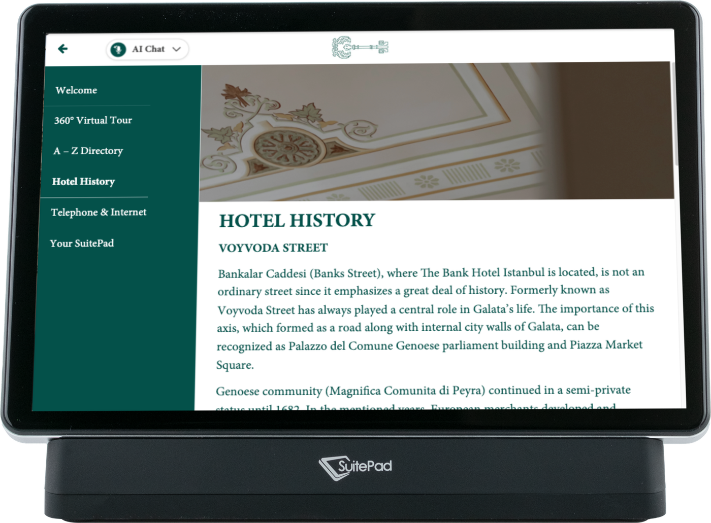 Hotel History page about Bankalar Caddesi on the SuitePad in-room tablet at The Bank Hotel Istanbul