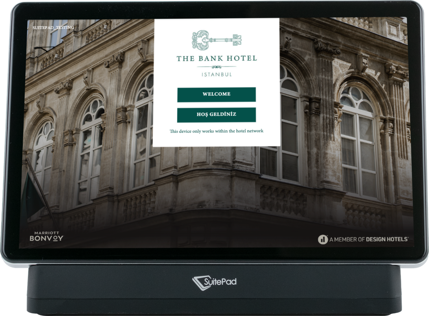The Bank Hotel Istanbul branded welcome screen on the SuitePad in-room tablet