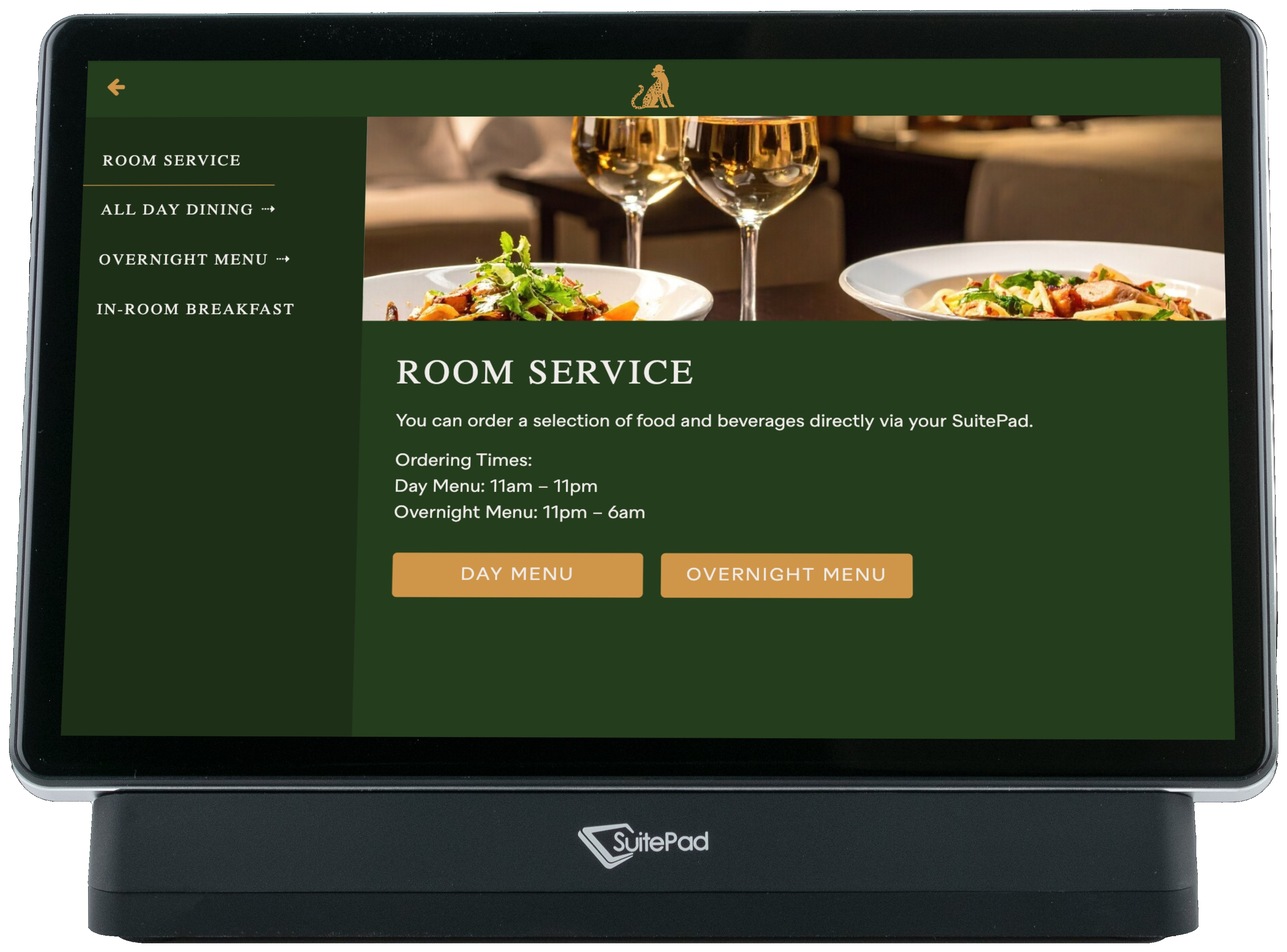 The Derby London City room service menu with day and overnight ordering on the SuitePad in-room tablet