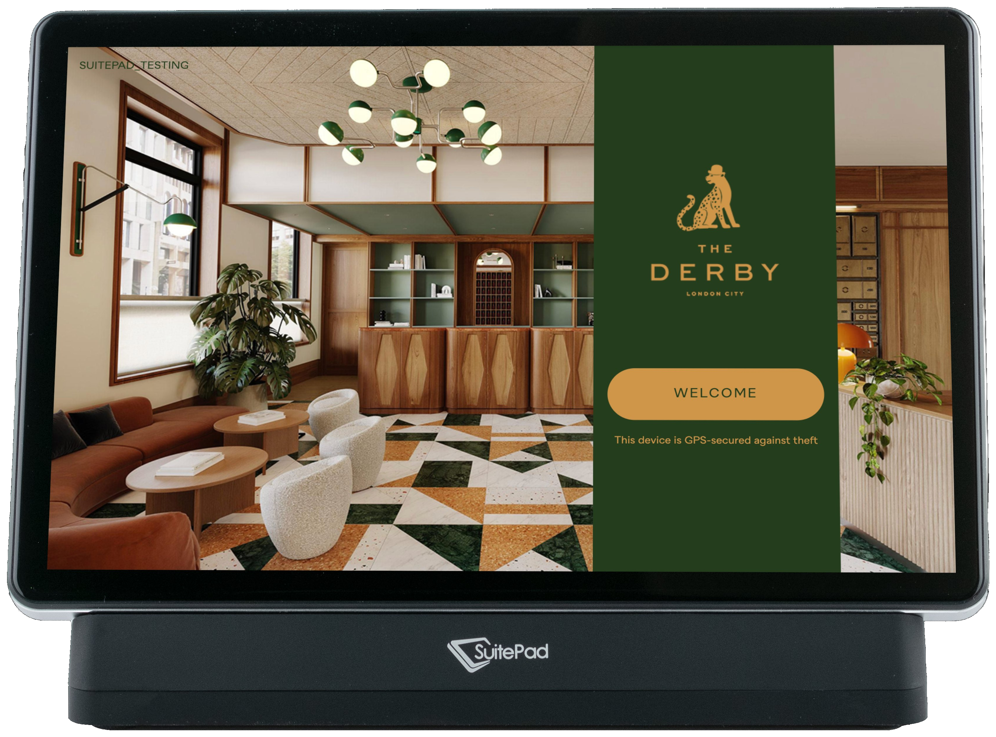 The Derby London City branded welcome splash screen on the SuitePad in-room tablet