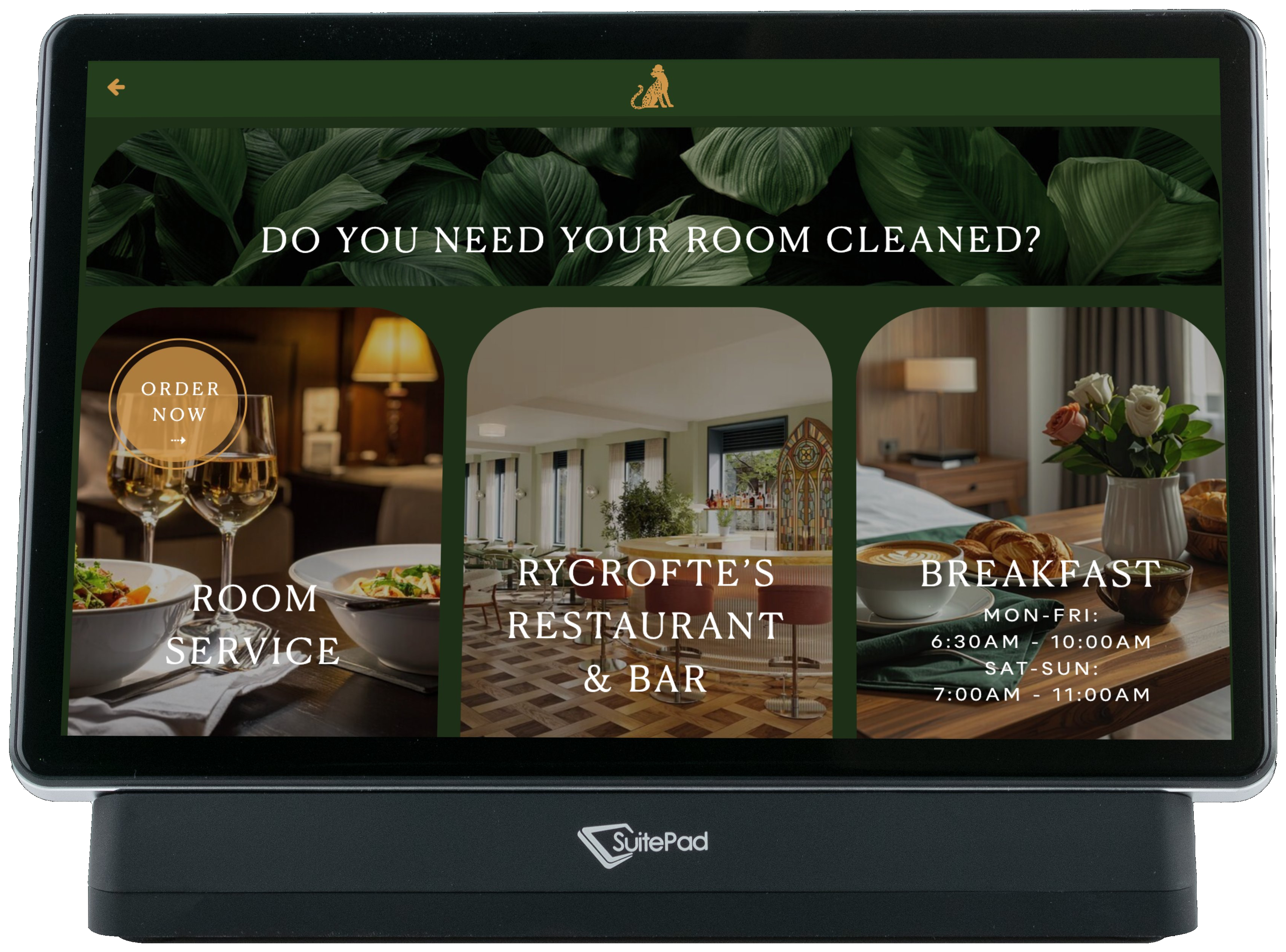 The Derby London City service tiles including room service, restaurant, and Green Option on the SuitePad in-room tablet