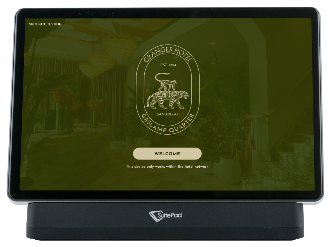 Granger Hotel welcome screen on the SuitePad in-room tablet in the Gaslamp Quarter, San Diego