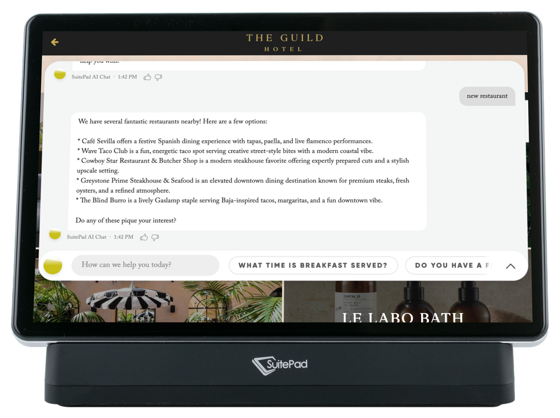 SuitePad AI answering a guest question on the in-room tablet at The Guild Hotel