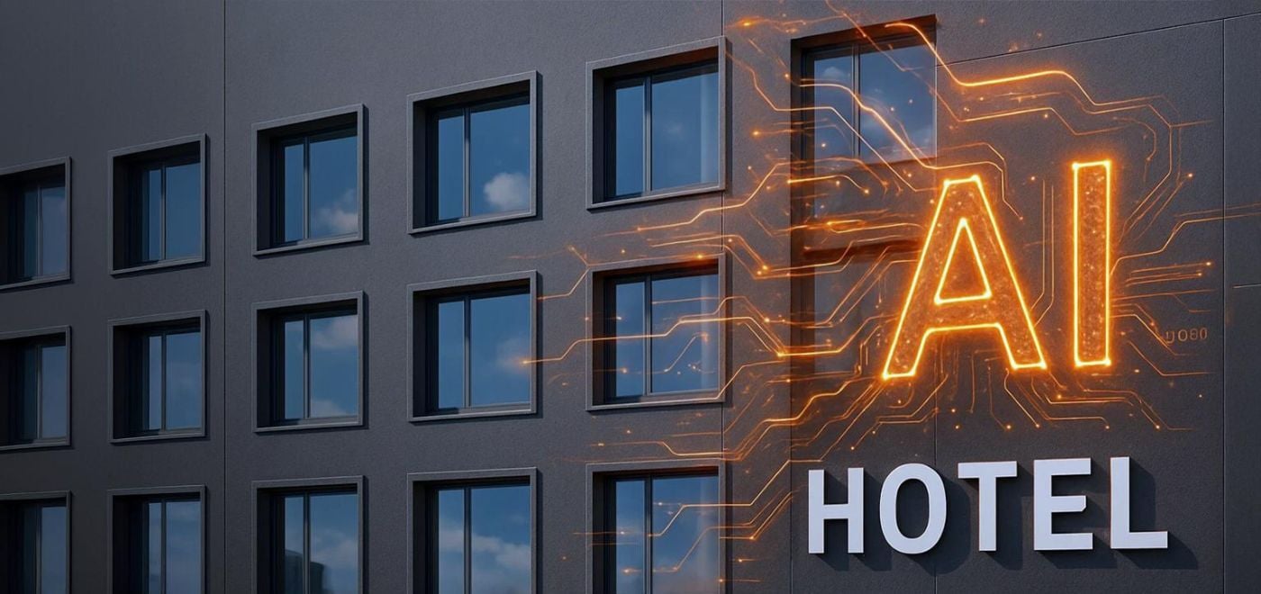 h2c main image for the report with AI and hotel written on the wall of a hotel building with a futuristic font