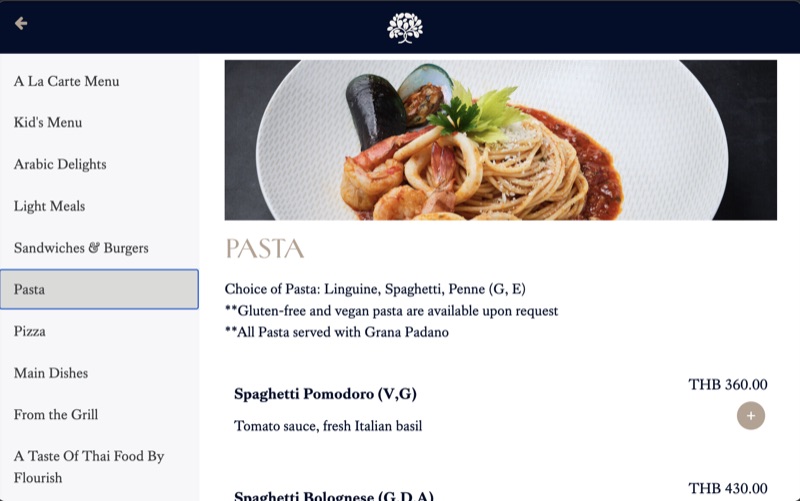 Room Service menu with pasta dishes