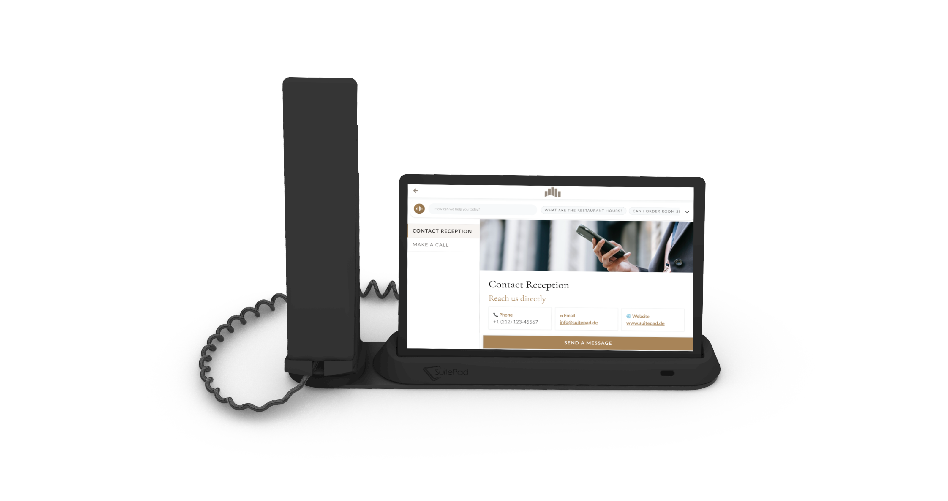 SuitePad Phone Dock with labelled parts: the SuitePad tablet, the handset, and the dock base