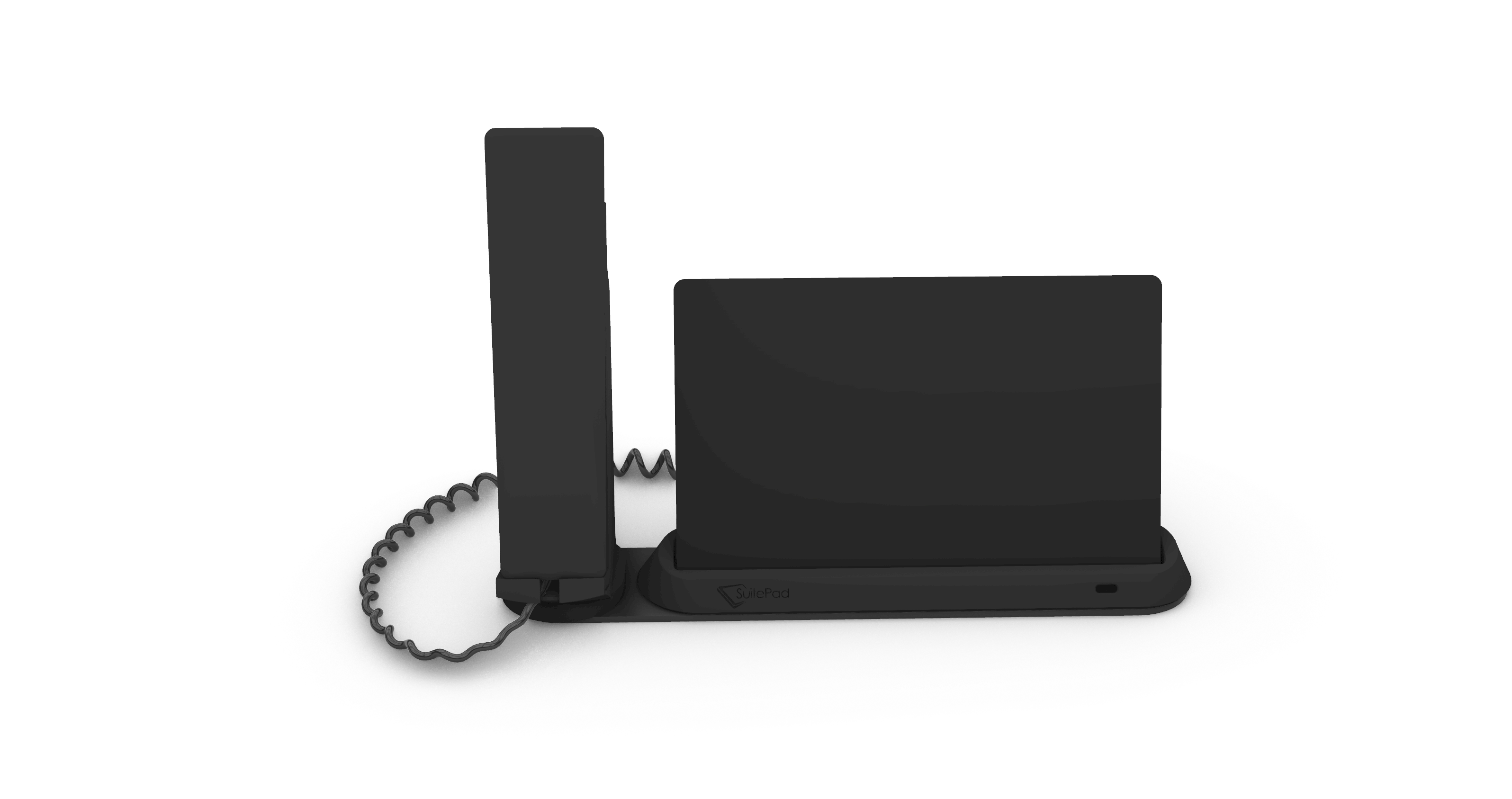 SuitePad Phone Dock with labelled parts: the SuitePad tablet, the handset, and the dock base