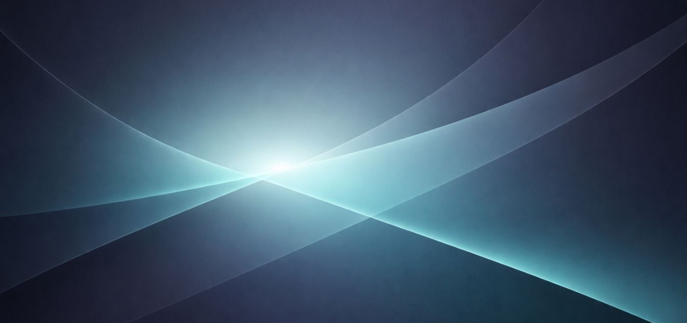 Minimalist abstract background with smooth overlapping geometric planes in aubergine grey and turquoise, with a soft central glow suggesting connection and continuity.